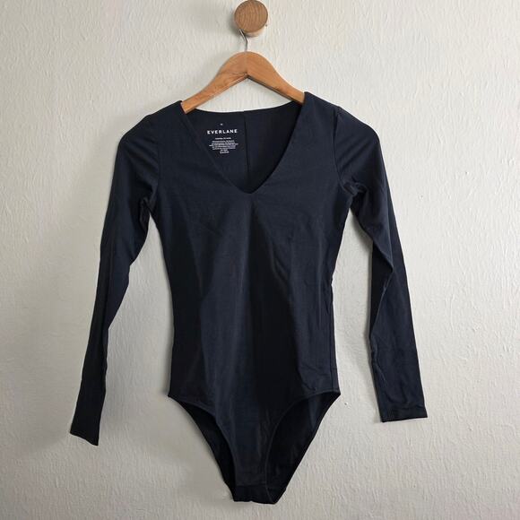 NEW Everlane Black V-Neck Long Sleeve Bodysuit Supima Cotton Small XS 00/0 Black - Picture 4 of 11